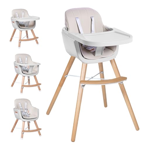 Image of High Chairs for Babies and Toddlers,3 in 1 Convertible Wooden highchair, Baby High Chair with Adjustable Legs,5 Point Harness, Footrest, Dishwasher-Safe Tray & PU Leather Cushion, Beige