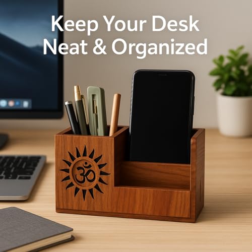 Image of Handcrafted Wooden Pen Holder & Mobile Stand | Desk Organizer for Office, Home & Study Table | Pen Pencil Stand with Card Holder (6.75x3.75x2.5 Inch) (OM Harmony)