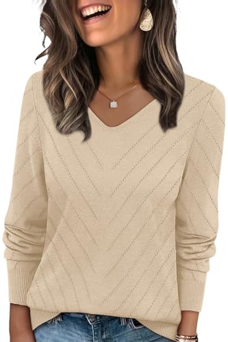 WIHOLL Sweaters for Women Trendy Fall Fashion 2025 Casual V Neck Long Sleeve Tops Crochet Knit Vacation Office Teachers School Outfits Cute Winter Clothing Pullover Apricot L