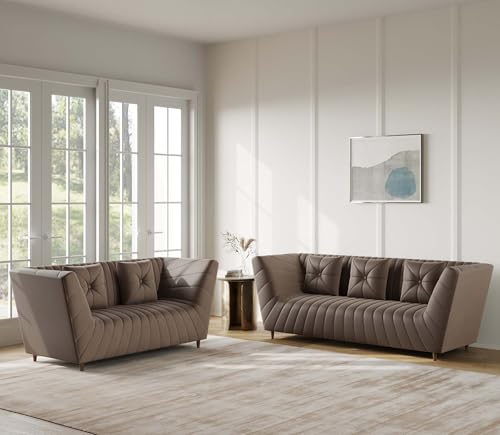 Image of Amazon Brand - Solimo Corell Tufted Velvet Fabric 3+2 Seater Sofa for Living Room Furniture (Brown)|3 Year Warranty