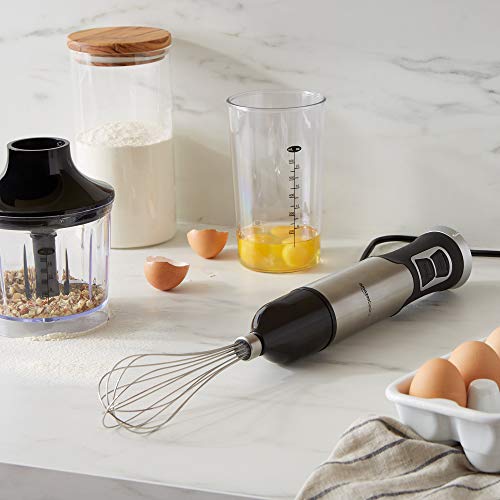 Amazon Basics Multi-Speed Immersion Hand Blender for Kitchen Mixing, Smoothies, Soups, 500 Watt Powerful, with Blending Stick, Whisk, Chopper and Beaker, Silver image 6