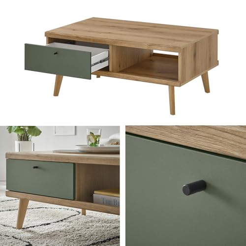 Lomadox Wohnwand Anbauwand in Eiche mit grün Modern 5-teilig, inkl. Couchtisch, Standvitrine, TV-Lowboard, Wandregal, Highboard und Beleuchtung – Bild 4