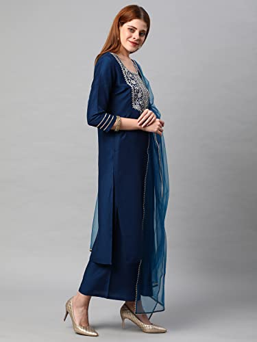 Image of GoSriKi Women's Cotton Blend Solid Straight Kurta with Palazzos & Dupatta (DHARAN)