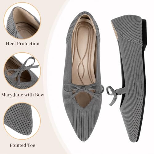 Image of TINGRISE Women's Pointed Toe Flats Comfortable Knit Ballet Shoes Washable Dressy with Bow Business Casual Work Shoes