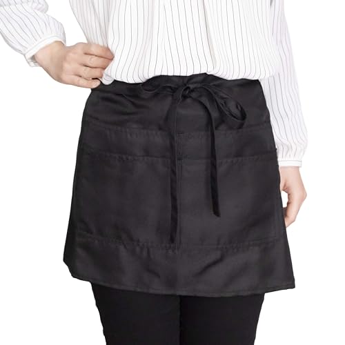 ギャルソンエプロン 男女兼用 カフェエプロン 無地 4ポケット 腰掛け 前掛け エプロン しわが付きにくい ポリエステル 100% (ブラック 黒 M〜L)