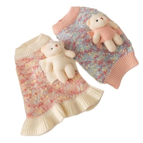 Morycat犬服 ノースリーブ ワンピース 秋冬 可愛い 小熊模様 スカート 暖かい 厚い 防寒 洋服 ドッグウェア ペットウェア お散歩お出かけ 小型犬 中型犬 (ブルー,XS)