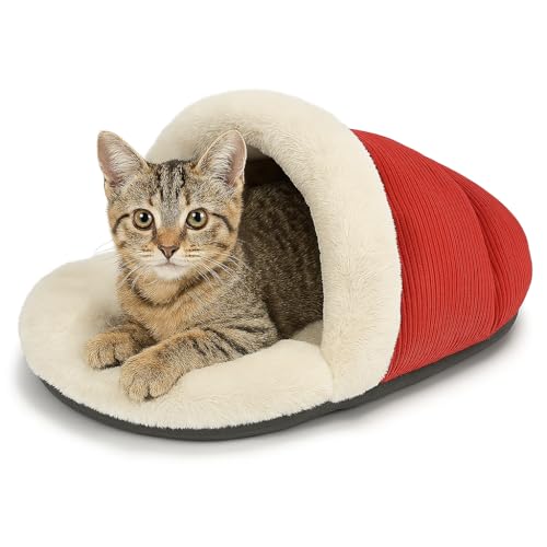 SWIFTSUPPLIES Cat Cornucopia Sleeper - Cozy Pet Bed with Plush Interior and Durable Design, Perfect for Cats and Small Pets, Red & Cream, Machine Washable