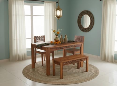 Image of RECTART Solid Wood Dining Table Set with Chairs for Living Room Home | Wooden Dining Room Sets Furniture for Hotels and Restaurants | (Natural Teak CNC Top, 4 Seater with Bench)