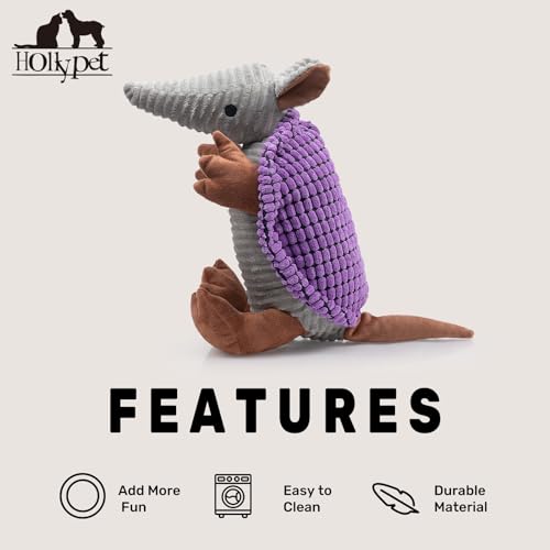 Image of Hollypet Plush Dog Squeaky Toy Stuffed Armadillo Animal Pet Puppy Chew Toys with Clean Teeth for Small Medium Large All Breed Sizes Dogs, Purple, 14 in