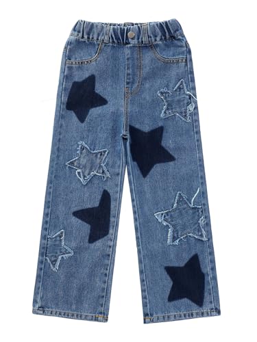 Hularka Kids Girls Frayed Star Distressed Straight Wide Leg Jeans Washed Denim Pants Casual Denim Trousers Bottoms3
