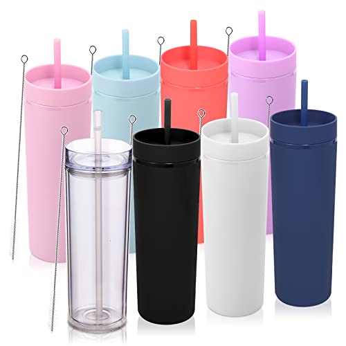 Volhoply 600ml Vasos de Plástico 8 Pack,Vaso de Doble Pared con Tapa y Pajita,Taza de Café Helado de Viaje Reutilizable,Tumbler de Agua de Acrílico Mate Sin BPA para Fiestas,Regalos (Surtido,8 Set)