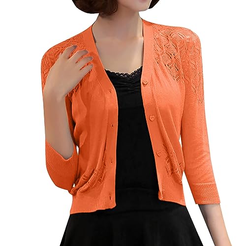 Cardigan court en tricot pour femme - Rose - Léger - Pour l'été - Fin - Respirant - Pour le printemps et l'été - Élégant manteau court/mi-saison/veste d'été, Orange, L Cardigan court en tricot pour femme - Rose - Léger - Pour l'été - Fin - Respirant - Pour le printemps et l'été - Élégant manteau court/mi-saison/veste d'été, Orange, L