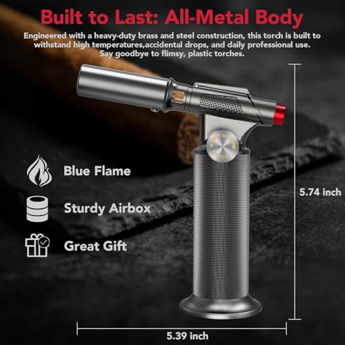 Sondiko Lötbrenner, Nachfüllbarer Metall-Bunsenbrenner, Flambierbrenner für die Küche mit Einstellbarer Flamme und Windfester Dauerflamme für Schweißen, Handwerk, Herren (Butangas nicht Enthalten)