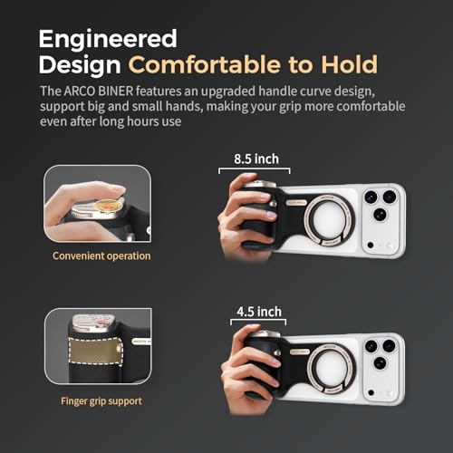 Image of Upgraded Mag-Safe Magnetic Camera Handle Grip with Extended Magnetic Phone Mount with Carabiner & Thumb Rest, Detachable Rechargeable Shutter Remote Compatible with iPhone Pro Max for Video Calls /TK