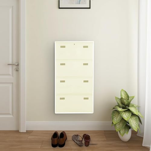 Image of Metal Shoe Rack Wall Mounted for Home with Central Locking | 4 Door 28 inch Wall Mounted Metal 12 Pair Shoe Rack Cabinet | Pre-Assembled Rack Shelves | 3 Year Warranty (Ivory)