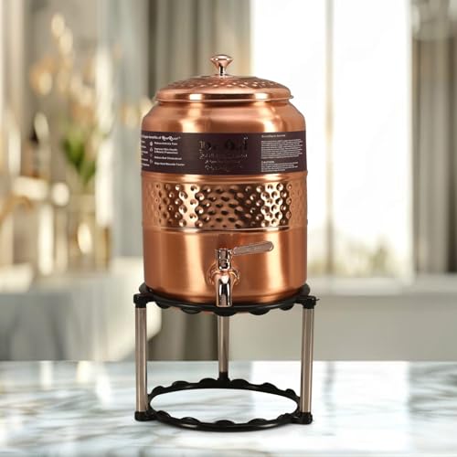 Image of Premium Copper Water Matka, Traditional Hammered Design, Rose Gold, with Tap and Lid, for Drinking Water Storage