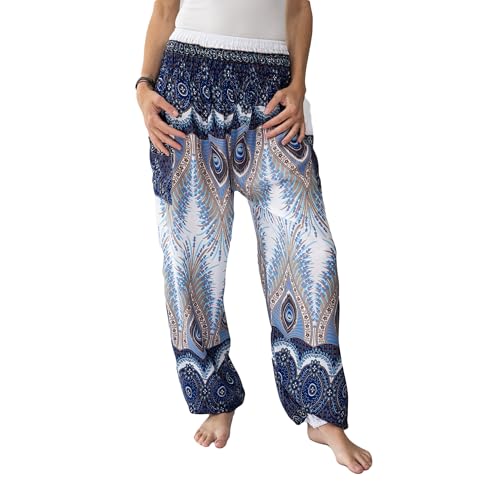 Mienloco Pantalon sarouel pour homme et femme, bleu/blanc, 34W grande longueur