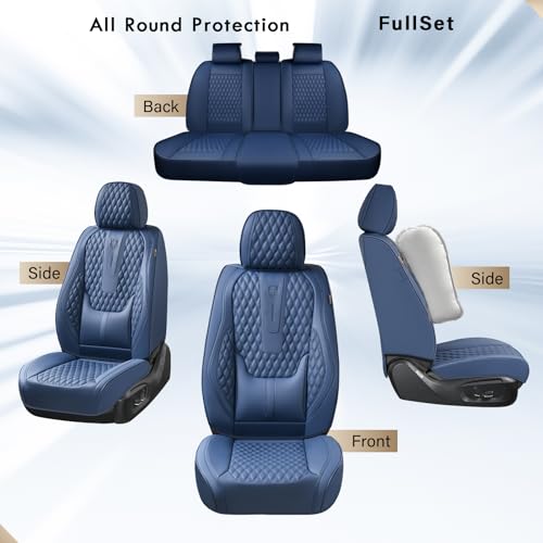 Image of Coverado Car Seat Covers Full Set, Nappa Leather Seat Covers for Car, Waterproof Car Seat Protector with Lumbar Support, Automotive Seat Covers Universal Fit for Most Cars SUV Trucks (Blue)