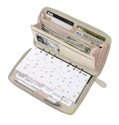 Image of Three Way Cut Cash Envelope Wallet Beige All in One Budget System RFID Blocking with 12x Tabbed Envelopes 12x Monthly Budget Cards 1x Yearly Budget Planner Sheet Complete Money Organizer Set