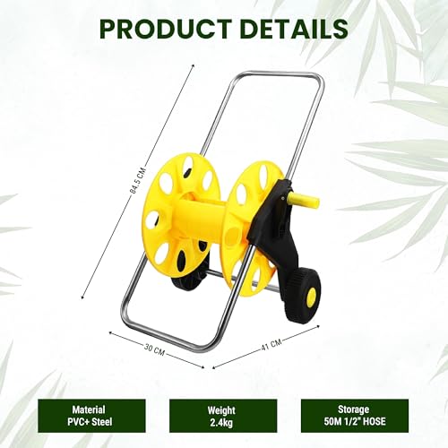 Image of ROOTS & LEAF Garden Pipe Holder with Wheels | Hose Reel Stand with Retractable Handle | Water Pipe Holder for 50M 1 /2 inch Hose | Easy-Carry Handle & Smooth-Rolling Wheels