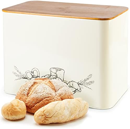 Extra Large Space Saving Vertical Cream Bread Bin with Eco Bamboo Cutting Board Lid - Holds 2 Loaves - White Extra Large Farmhouse Bread Bins for Kitchen Bread Storage Box