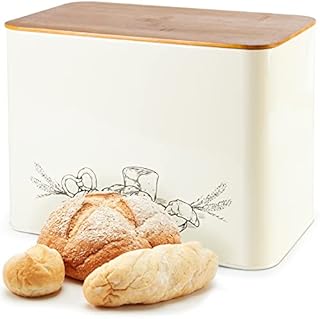 Extra Large Space Saving Vertical Cream Bread Bin with Eco Bamboo Cutting Board Lid - Holds 2 Loaves - White Extra Large Farmhouse Bread Bins for Kitchen Bread Storage Box