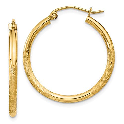 14k Yellow Gold Diamond Cut Small Medium Hoop Earrings with Click-down Clasp, (2mm Tube) (Almost one inch: 24mm)