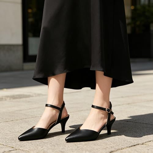 Image of JOY IN LOVE Women's Pointed Toe Kitten Heel Pumps, Ankle Strap Low Heel Work Dress Shoes