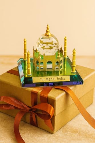 Image of Crystal Taj Mahal Showpiece with Gold Detailing | Mini Taj Mahal Replica Souvenir | Crystal Decorative Item for Home Decor, Office Desk Decor & Showcase | Indian Heritage Gift & Tourist Souvenir