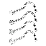 Ruifan 4PCS 20G 316L Surgical Steel 2mm Top Flat & Ball & Clear Round & Square CZ Curved Nose Stud Ring Screw Piercing Jewelry - Silver