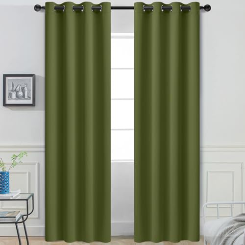 Yakamok Olive Green Blackout Curtains with Grommet Green Room Darkening Thermal Insulated Curtain Set of 2 Drapes for Bedroom Living Room, 52W x 96L,2 Panels