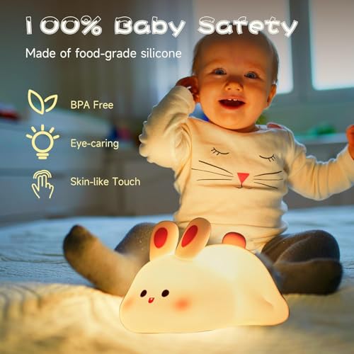 Image of Big Face Rabbit Silicone Night Light for Kids| Cute Bunny LED Lamp, Rechargeable with USB Cable, 7 Color Changing Bedside Night Lamp for Kids, Baby & Bedroom Decor