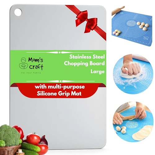 Image of Premium Stainless Steel Chopping Board | Large Rectangle Cutting Board 37cm x 25cm with Anit-Slip Gripping Mat | for Cutting Vegetables, Fruits, Meat | Reversible (Large, Rectangular)
