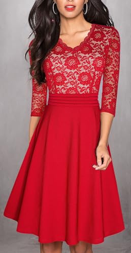 Image of HOMEYEE Women's Chic V-Neck Lace Patchwork Flare Party Dress A062