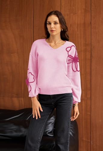 Pink Queen Women's Pullover Sweaters 2025 Knit Floral V Neck Tunic Pullover Long Sleeve Oversized Fall Casual Sweater4