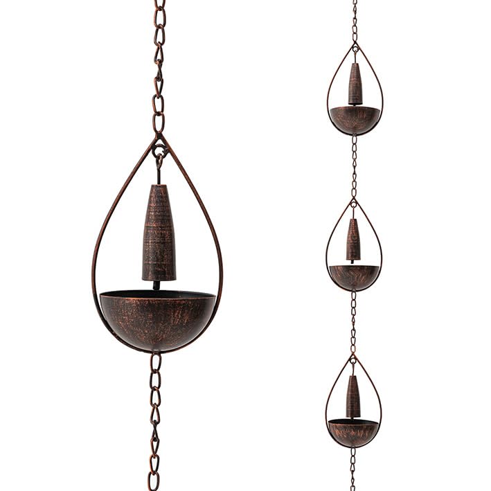 Glitzhome 8.5 FT Rain Chains Faux Copper Bowl and Bell Rain Chains for Gutters with 10 Cups Adjustable Rain Catcher Chain with V-Shaped Gutter