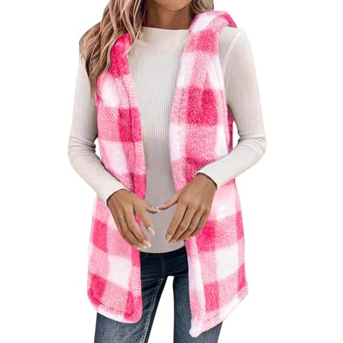 Duohropke Chaleco de peluche para mujer, a cuadros, grueso, para otoño e invierno, chaleco térmico, chaqueta de peluche, informal, cálido, forro polar, chaqueta de invierno, chaqueta de entretiempo