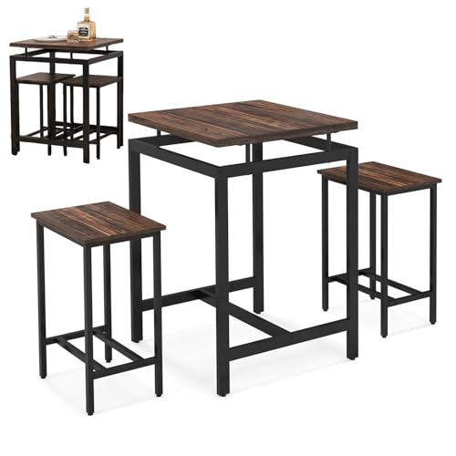 COSTWAY 3 Piece Bar Table Set, Metal Frame Dining Table and 2 Stools with Floating Countertop & Footrests, Space-saving Counter Height Breakfast Kitchen Table Chair Set for Dining Room Pub