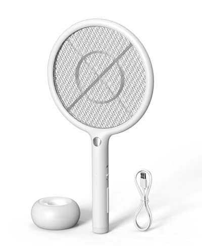 QEXREED Raqueta Matamoscas Electrica, 4000 V De Alta Potencia Antimosquitos Electrico, Recargable por USB,LED De Atracción, Rejilla De Seguridad De Triple Capa, Interior Y Exterior, Blanco