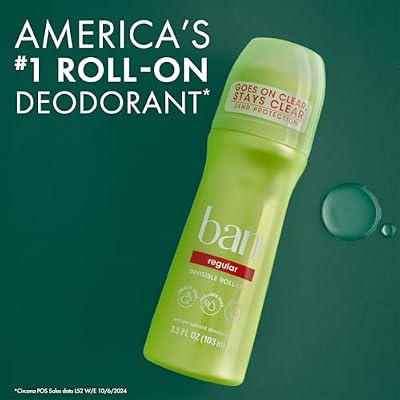 Ban Invisible Roll-on Antiperspirant Deodorant for Women and Men, 24-Hour Underarm Odor & Sweat Protection, Regular, 3.5 Oz, Pack of 2