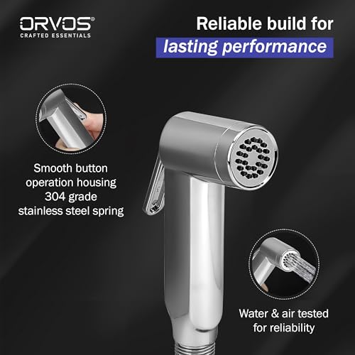 Image of Orvos Health Faucet, Touch Clean nozzles, ABS Outer Body with Brass pin, with 1 to 1.2 Meter extendable SS 304 Shower Hose and wall Hook, Jet Spray for high end Luxury Toilets