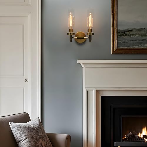 Image of Phansthy Rustic Industrial Wall Sconce Light with 3.14 inch /8cm Tubular Clear Glass Lampshade (Double Sconce Antique)