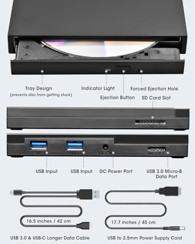Image of ROOFULL External CD DVD Drive with SD Card Reader & USB 3.0 Ports Hub & Carrying Case, USB-C CD DVD ROM /RW Disk Player Burner Writer for Laptop Mac PC Windows 11 /10 MacBook iMac Desktop Computer