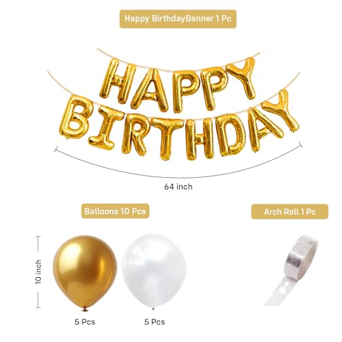 Image of Party Propz Happy Birthday Banner Decoration Kit - 12Pcs Golden Happy Birthday Banner, Foil Banner with Gold Balloons, White Balloons,Balloon for Birthday Decoration, Arch Roll (Foil, Latex)