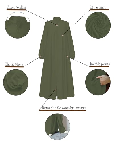 Image of Womens Abaya Muslim Long Sleeve Front Zipper Dress Prayer Islamic Clothes with Pockets