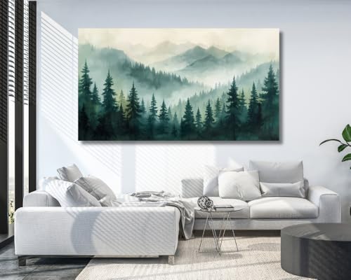 Image of KUNJCART Misty Mountain Painting For Wall Vastu - Large Nature Landscape Painting for Living Room, Bedroom & Office -Nature Wall Art for bedroom, Big Size Green Scenery for Wall Decoration and Home decor Vastu (36 x 24 Inch, Rolled Canvas Only , Without Frame)
