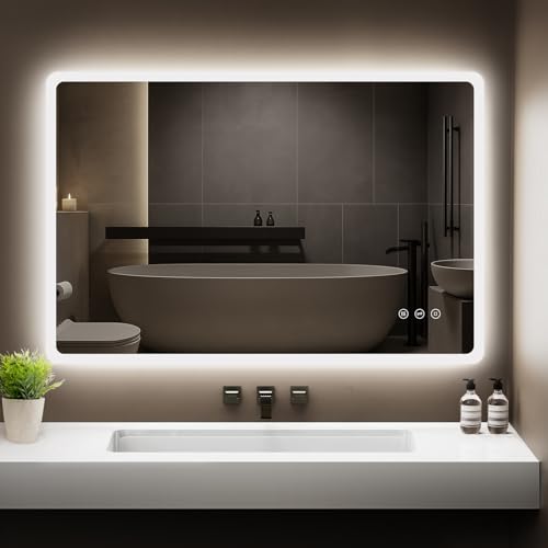 GIMBELEN Espejo de baño con iluminación, 100 x 60 cm, rectangular, interruptor táctil, regulable, 3 colores de luz, espejo ajustable para baño con iluminación, vertical, antivaho, para montaje