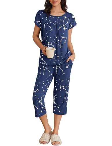 Image of Ekouaer Women's Capri Pajama Set Short Sleeve Mumu Pjs Pleated Top Capri Pants with Pockets Sleepwear Lounge Set