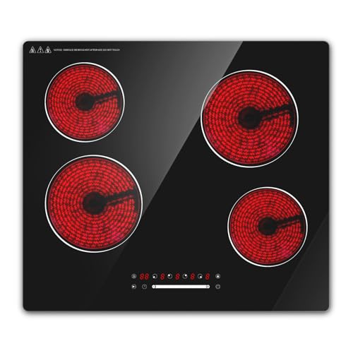 Borrallio Placa Vitroceramica 60cm 6000W, Placa Vitroceramica 4 Fuegos Empotrable Con Control Táctil, 9 Niveles De Potencia, Temporizador, Bloqueo Infantil, Función Pausa Y Mantener Caliente