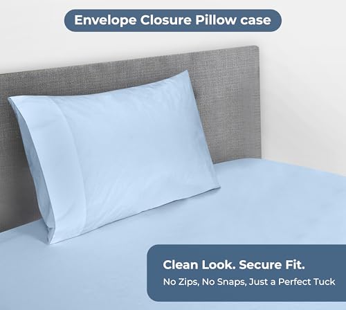 Image of ROYALE LINENS Fitted Sheet with Pillowcase - Twin Fitted Sheets with 1 Pillowcase - 300 Thread Count 100% Organic Cotton - Fit Mattress Up to 18 inch Deep - Soft & Breathable - Lake Blue (No Flat Sheet)
